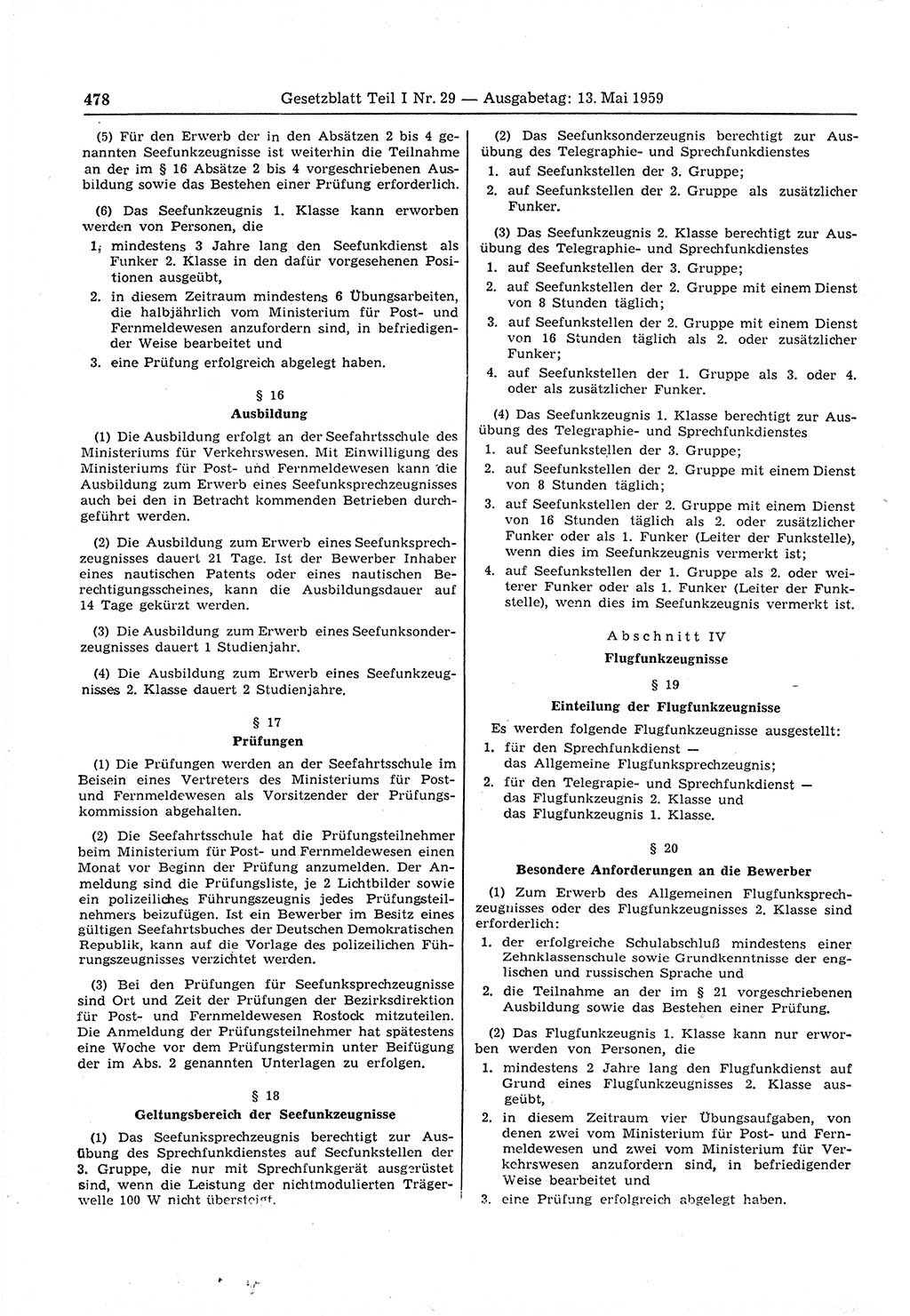 Gesetzblatt (GBl.) der Deutschen Demokratischen Republik (DDR) Teil Ⅰ 1959, Seite 478 (GBl. DDR Ⅰ 1959, S. 478)