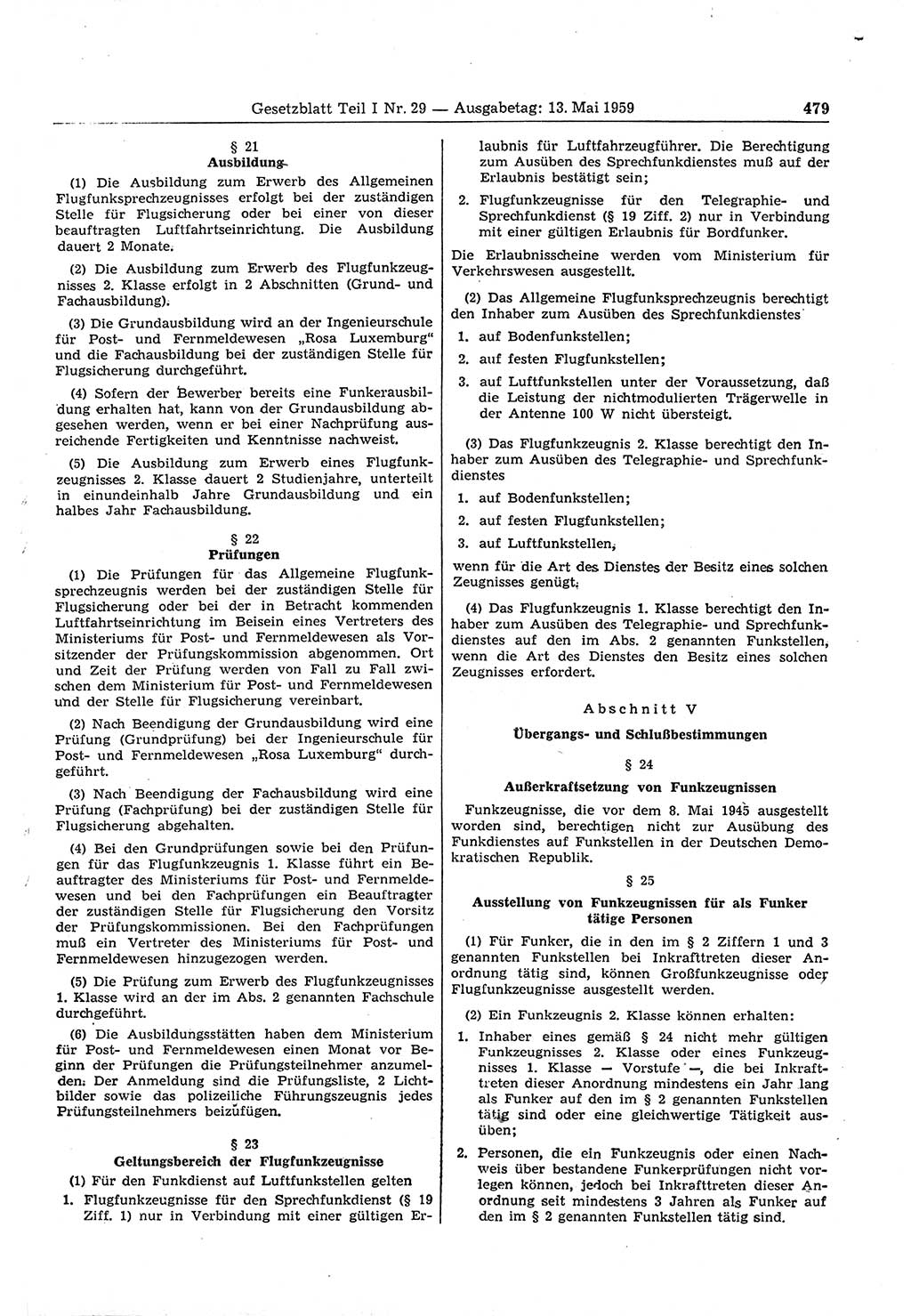 Gesetzblatt (GBl.) der Deutschen Demokratischen Republik (DDR) Teil Ⅰ 1959, Seite 479 (GBl. DDR Ⅰ 1959, S. 479)