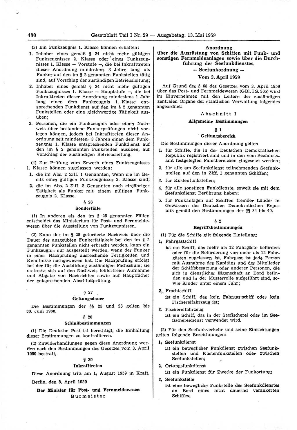 Gesetzblatt (GBl.) der Deutschen Demokratischen Republik (DDR) Teil Ⅰ 1959, Seite 480 (GBl. DDR Ⅰ 1959, S. 480)