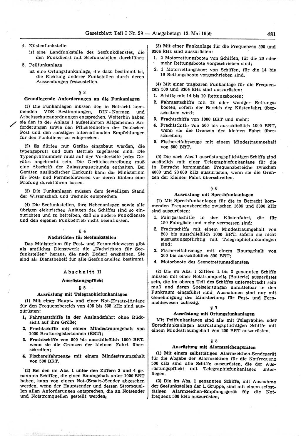 Gesetzblatt (GBl.) der Deutschen Demokratischen Republik (DDR) Teil Ⅰ 1959, Seite 481 (GBl. DDR Ⅰ 1959, S. 481)