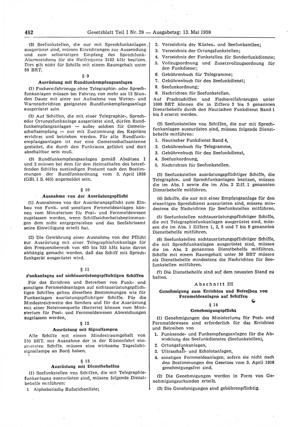 Gesetzblatt (GBl.) der Deutschen Demokratischen Republik (DDR) Teil Ⅰ 1959, Seite 482 (GBl. DDR Ⅰ 1959, S. 482)