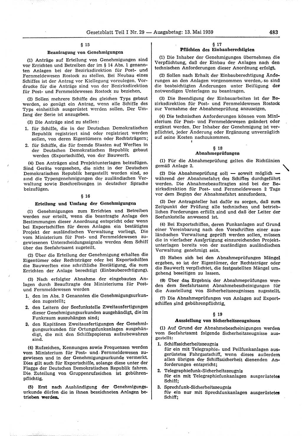 Gesetzblatt (GBl.) der Deutschen Demokratischen Republik (DDR) Teil Ⅰ 1959, Seite 483 (GBl. DDR Ⅰ 1959, S. 483)