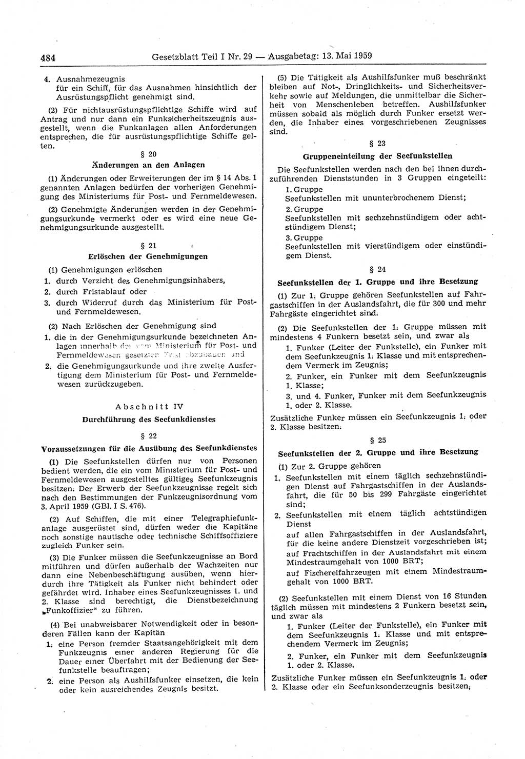 Gesetzblatt (GBl.) der Deutschen Demokratischen Republik (DDR) Teil Ⅰ 1959, Seite 484 (GBl. DDR Ⅰ 1959, S. 484)