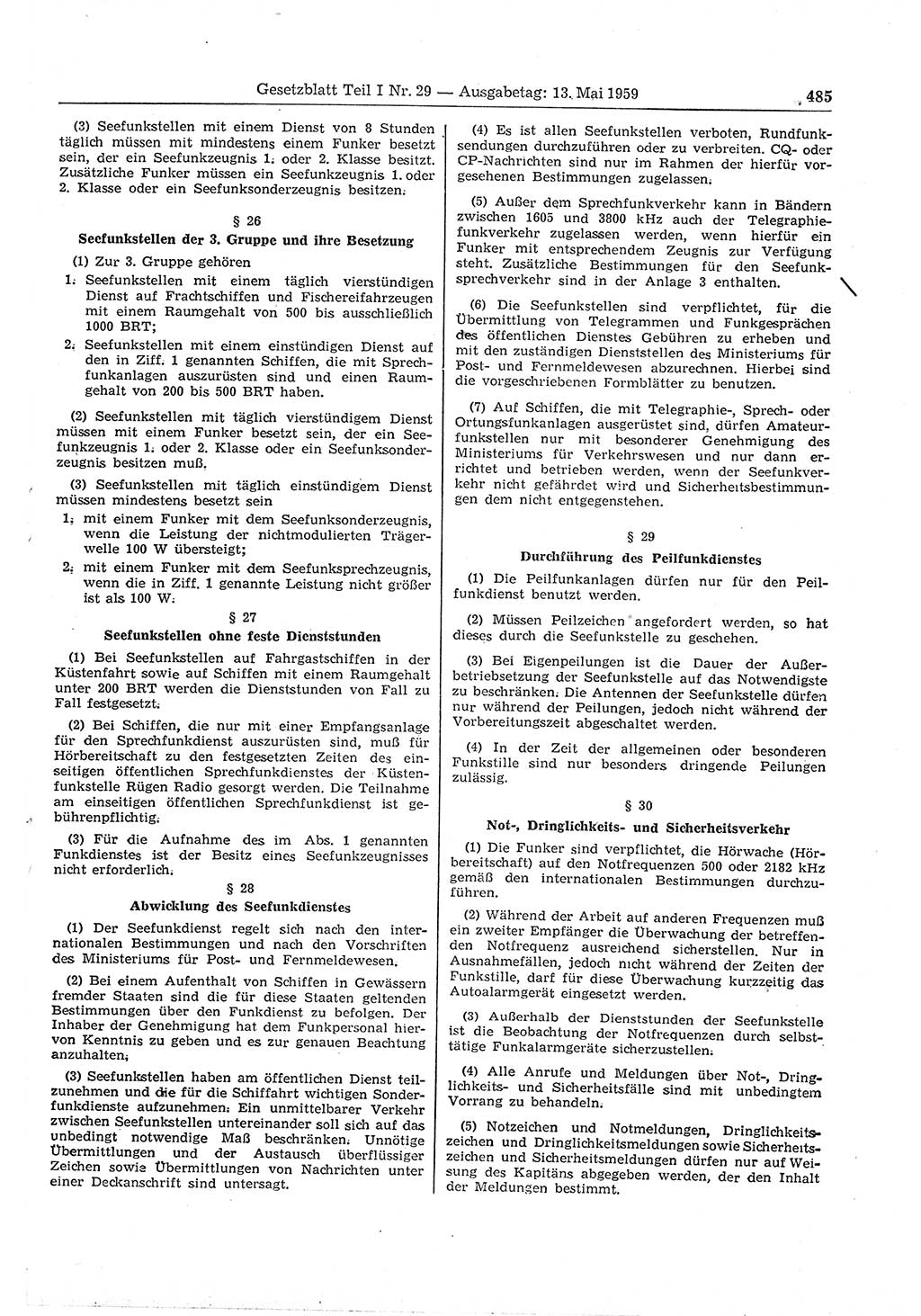 Gesetzblatt (GBl.) der Deutschen Demokratischen Republik (DDR) Teil Ⅰ 1959, Seite 485 (GBl. DDR Ⅰ 1959, S. 485)
