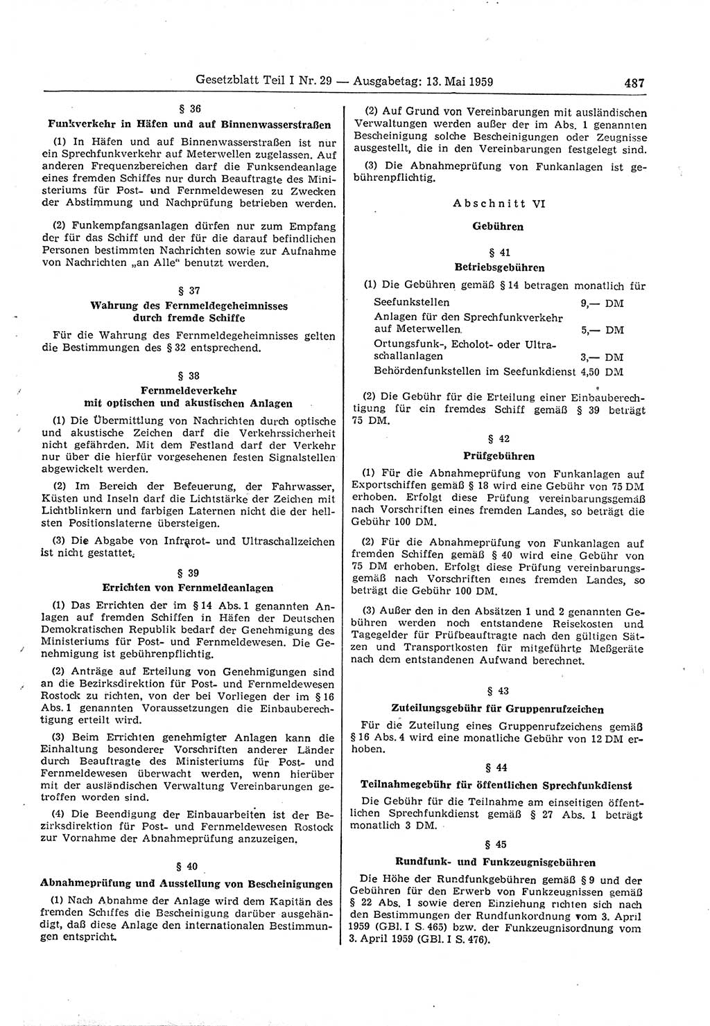 Gesetzblatt (GBl.) der Deutschen Demokratischen Republik (DDR) Teil Ⅰ 1959, Seite 487 (GBl. DDR Ⅰ 1959, S. 487)