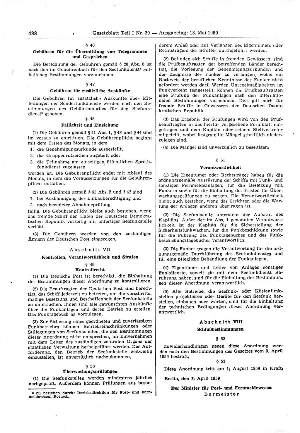 Gesetzblatt (GBl.) der Deutschen Demokratischen Republik (DDR) Teil Ⅰ 1959, Seite 488 (GBl. DDR Ⅰ 1959, S. 488)