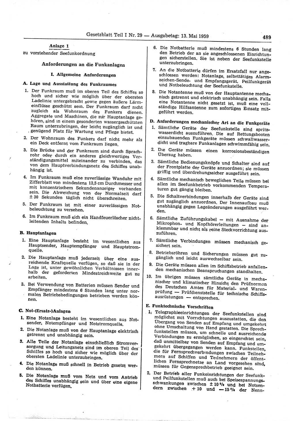 Gesetzblatt (GBl.) der Deutschen Demokratischen Republik (DDR) Teil Ⅰ 1959, Seite 489 (GBl. DDR Ⅰ 1959, S. 489)