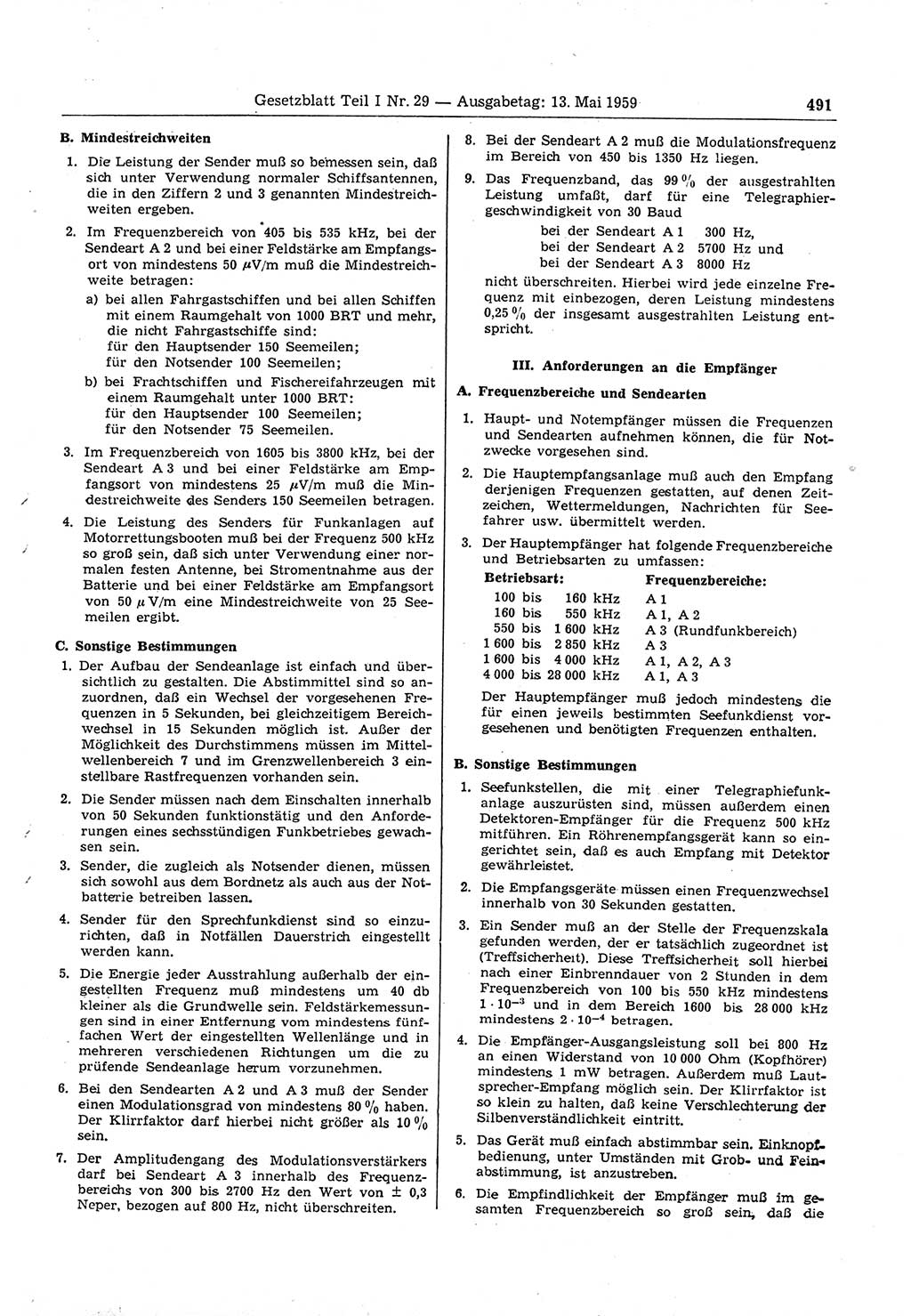 Gesetzblatt (GBl.) der Deutschen Demokratischen Republik (DDR) Teil Ⅰ 1959, Seite 491 (GBl. DDR Ⅰ 1959, S. 491)