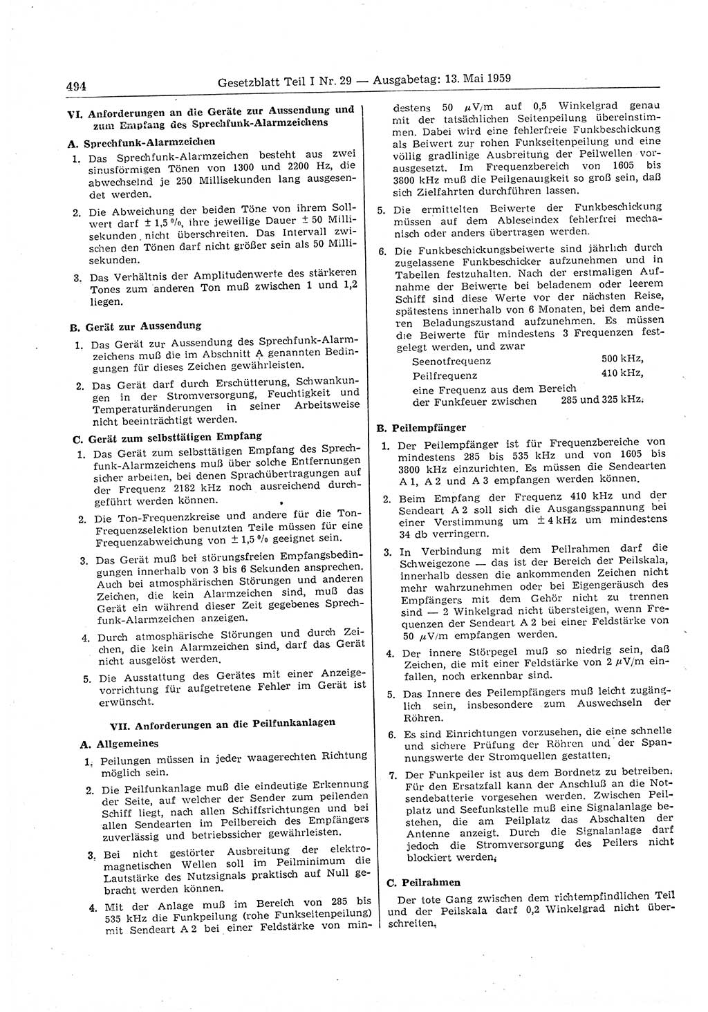 Gesetzblatt (GBl.) der Deutschen Demokratischen Republik (DDR) Teil Ⅰ 1959, Seite 494 (GBl. DDR Ⅰ 1959, S. 494)