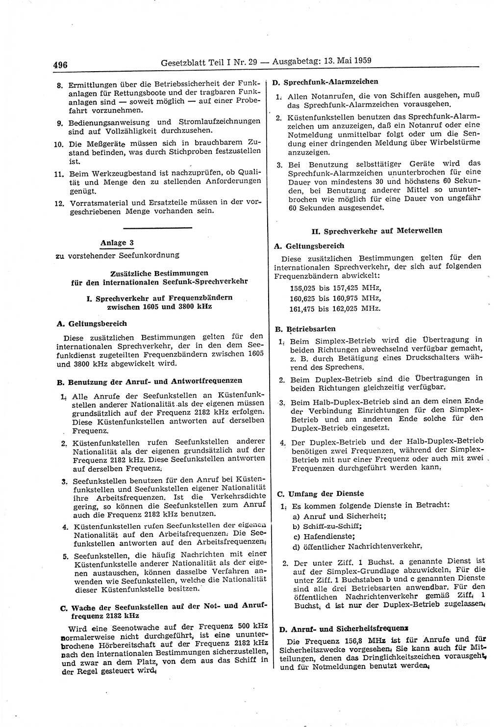Gesetzblatt (GBl.) der Deutschen Demokratischen Republik (DDR) Teil Ⅰ 1959, Seite 496 (GBl. DDR Ⅰ 1959, S. 496)