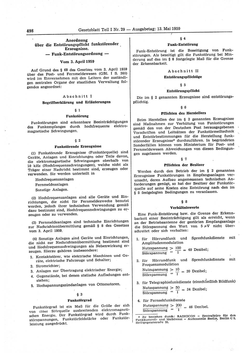 Gesetzblatt (GBl.) der Deutschen Demokratischen Republik (DDR) Teil Ⅰ 1959, Seite 498 (GBl. DDR Ⅰ 1959, S. 498)