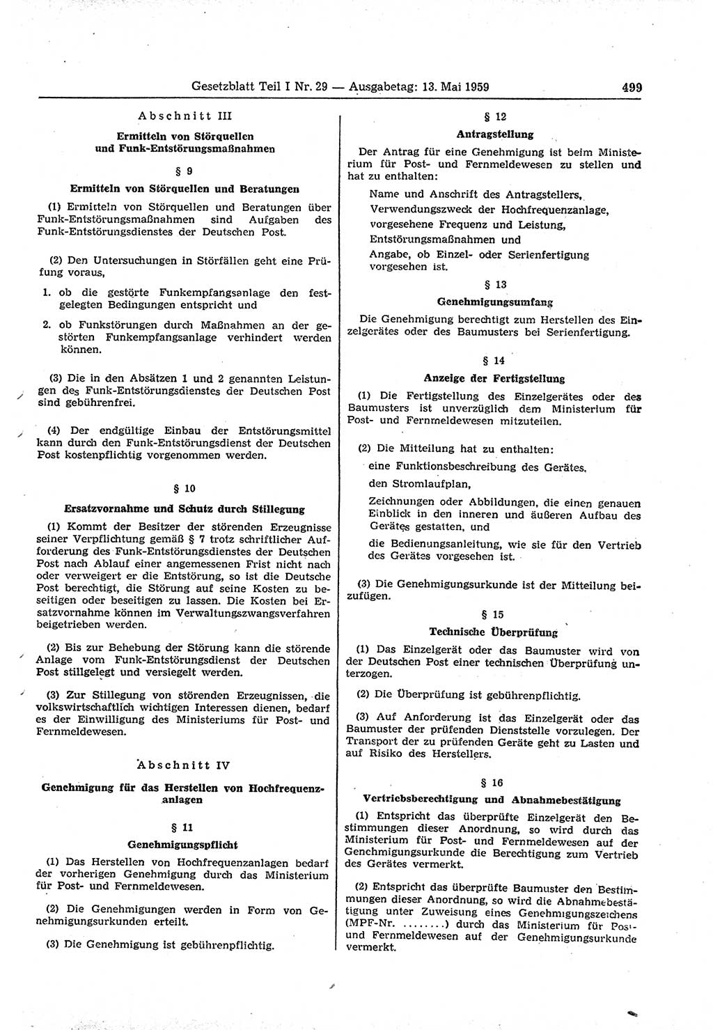 Gesetzblatt (GBl.) der Deutschen Demokratischen Republik (DDR) Teil Ⅰ 1959, Seite 499 (GBl. DDR Ⅰ 1959, S. 499)