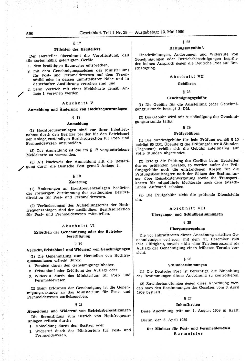 Gesetzblatt (GBl.) der Deutschen Demokratischen Republik (DDR) Teil Ⅰ 1959, Seite 500 (GBl. DDR Ⅰ 1959, S. 500)