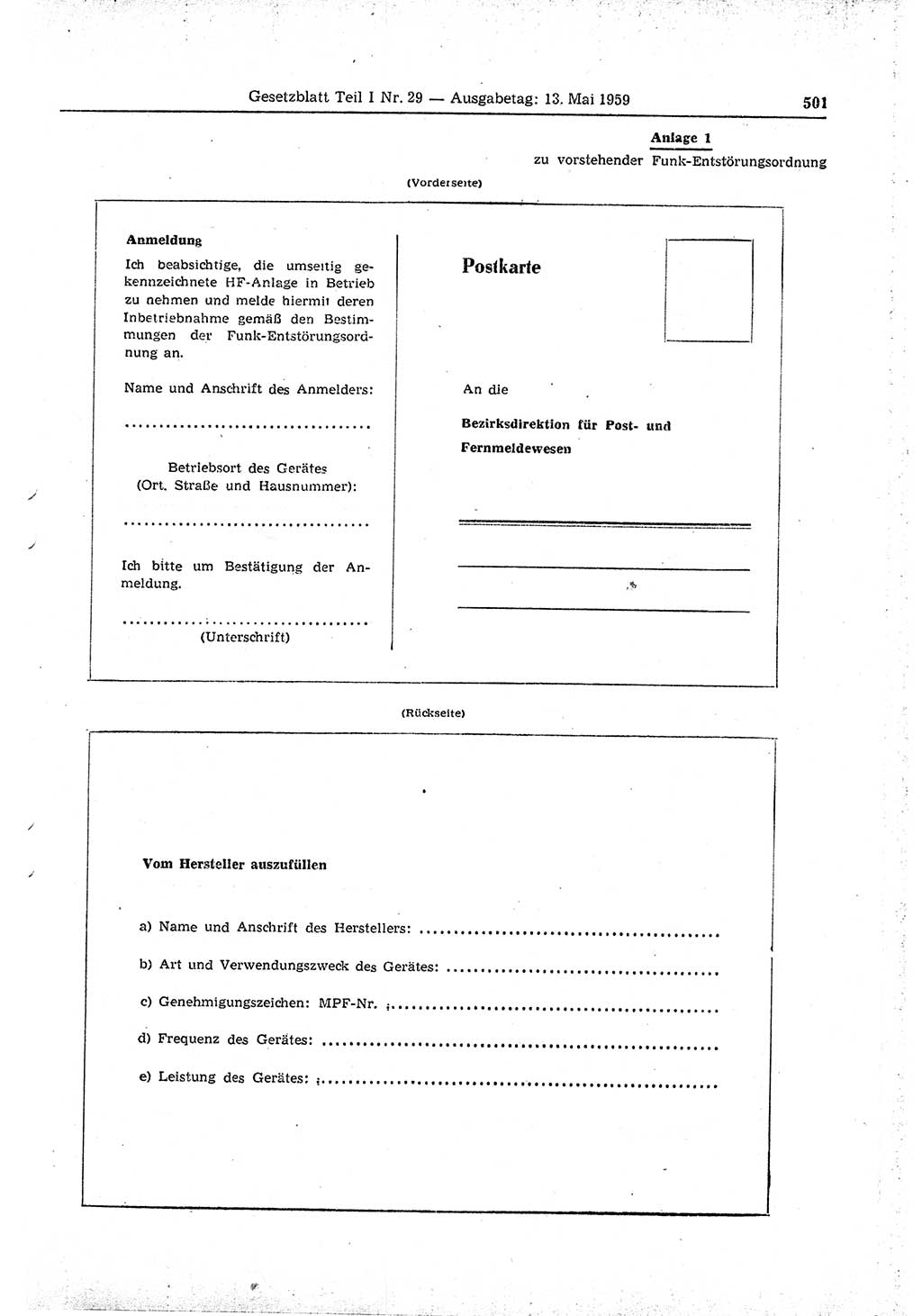 Gesetzblatt (GBl.) der Deutschen Demokratischen Republik (DDR) Teil Ⅰ 1959, Seite 501 (GBl. DDR Ⅰ 1959, S. 501)