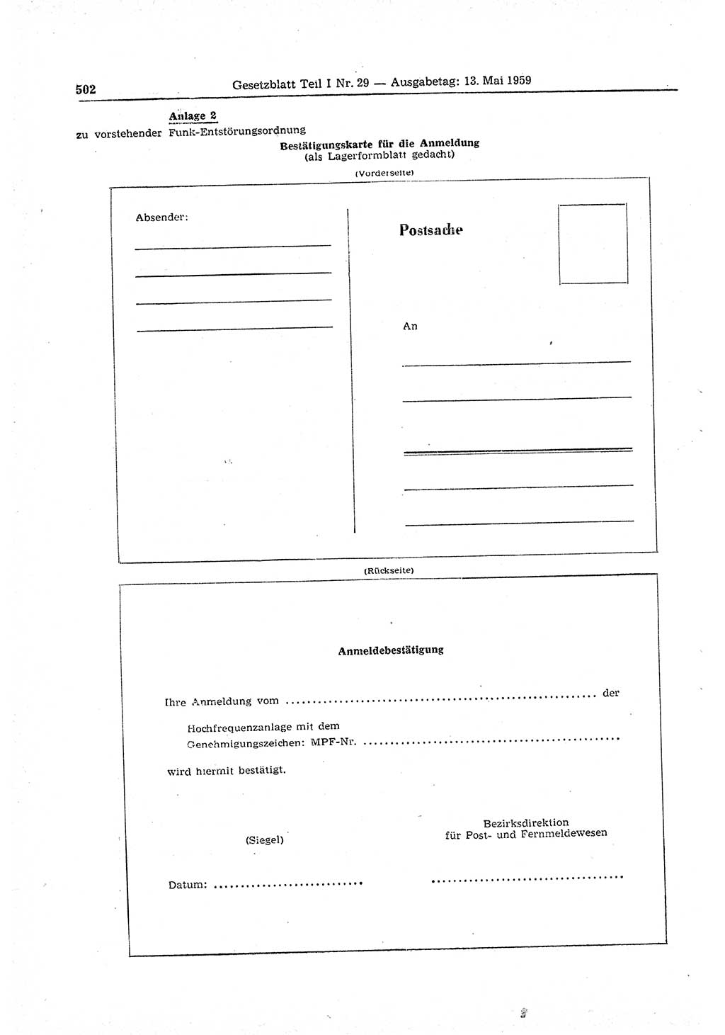 Gesetzblatt (GBl.) der Deutschen Demokratischen Republik (DDR) Teil Ⅰ 1959, Seite 502 (GBl. DDR Ⅰ 1959, S. 502)