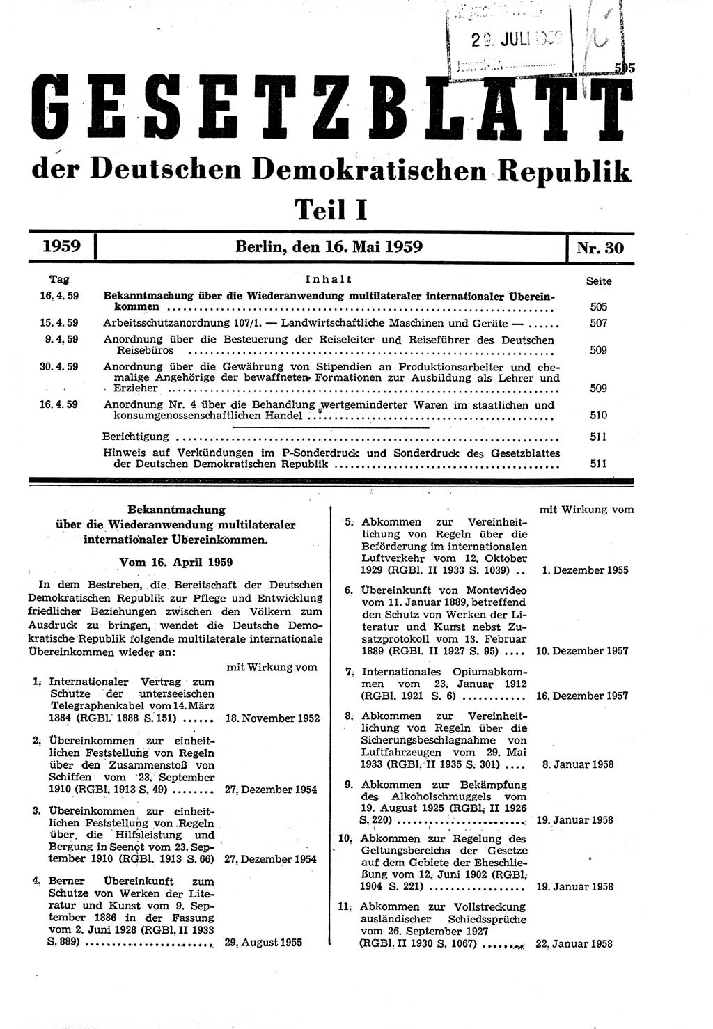 Gesetzblatt (GBl.) der Deutschen Demokratischen Republik (DDR) Teil Ⅰ 1959, Seite 505 (GBl. DDR Ⅰ 1959, S. 505)