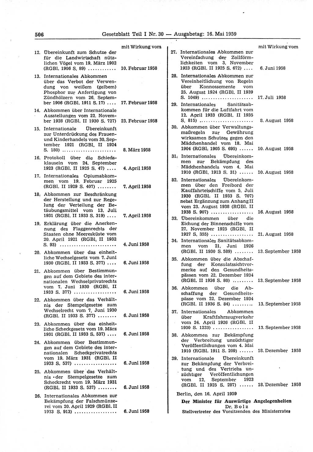 Gesetzblatt (GBl.) der Deutschen Demokratischen Republik (DDR) Teil Ⅰ 1959, Seite 506 (GBl. DDR Ⅰ 1959, S. 506)