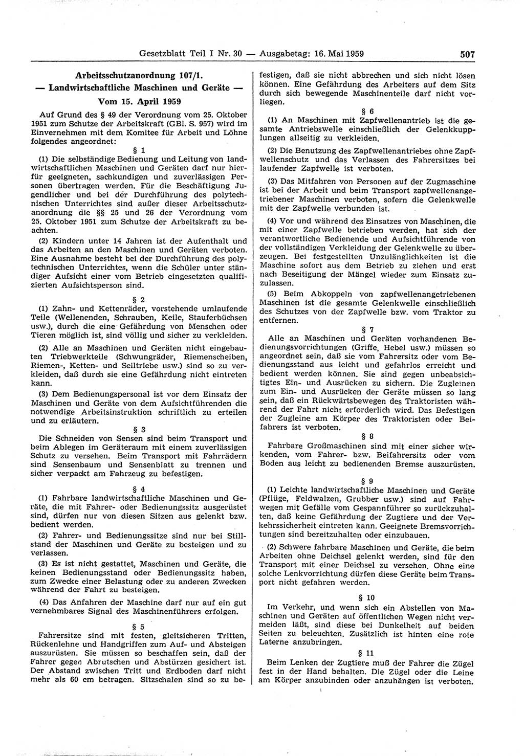 Gesetzblatt (GBl.) der Deutschen Demokratischen Republik (DDR) Teil Ⅰ 1959, Seite 507 (GBl. DDR Ⅰ 1959, S. 507)