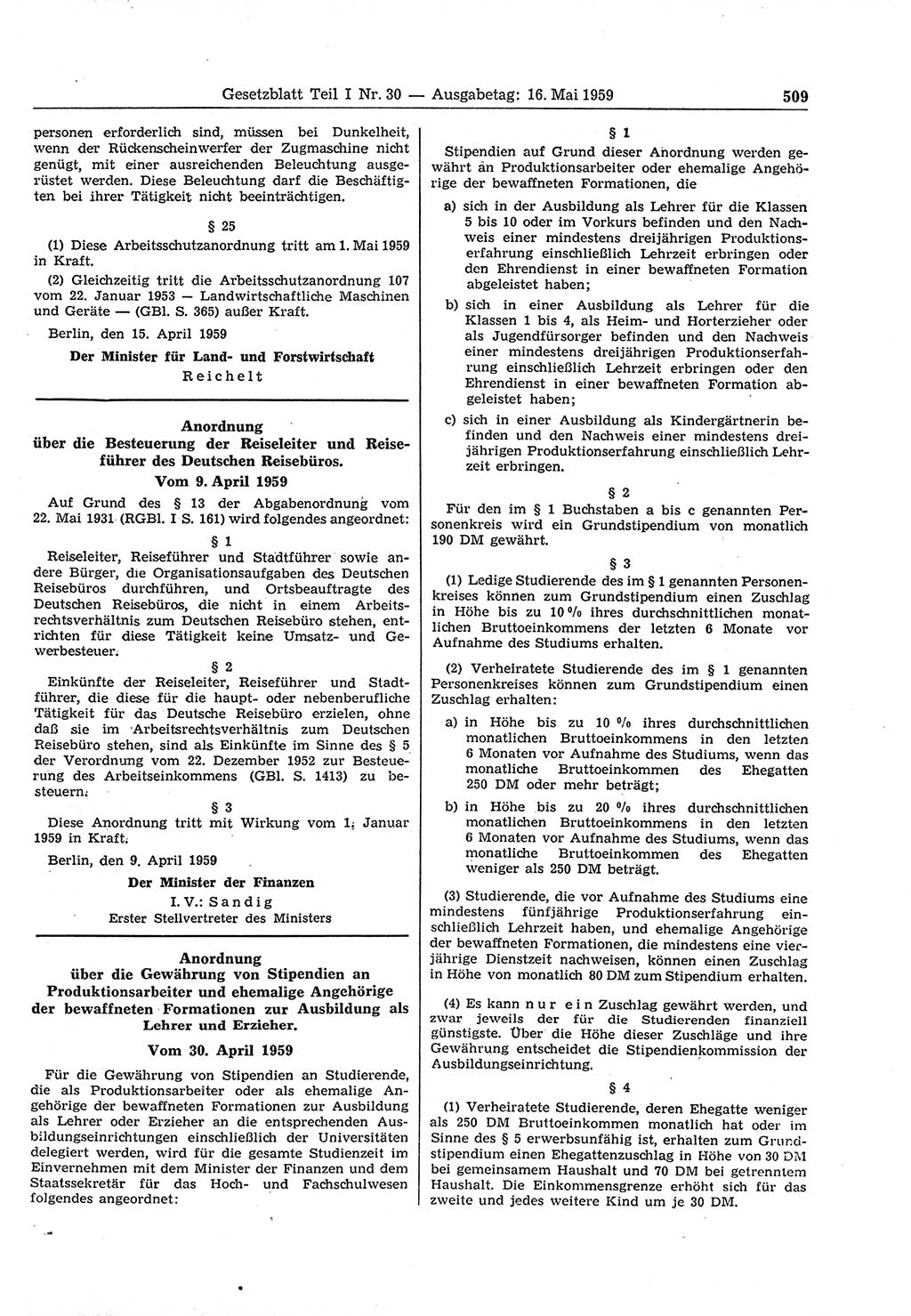 Gesetzblatt (GBl.) der Deutschen Demokratischen Republik (DDR) Teil Ⅰ 1959, Seite 509 (GBl. DDR Ⅰ 1959, S. 509)