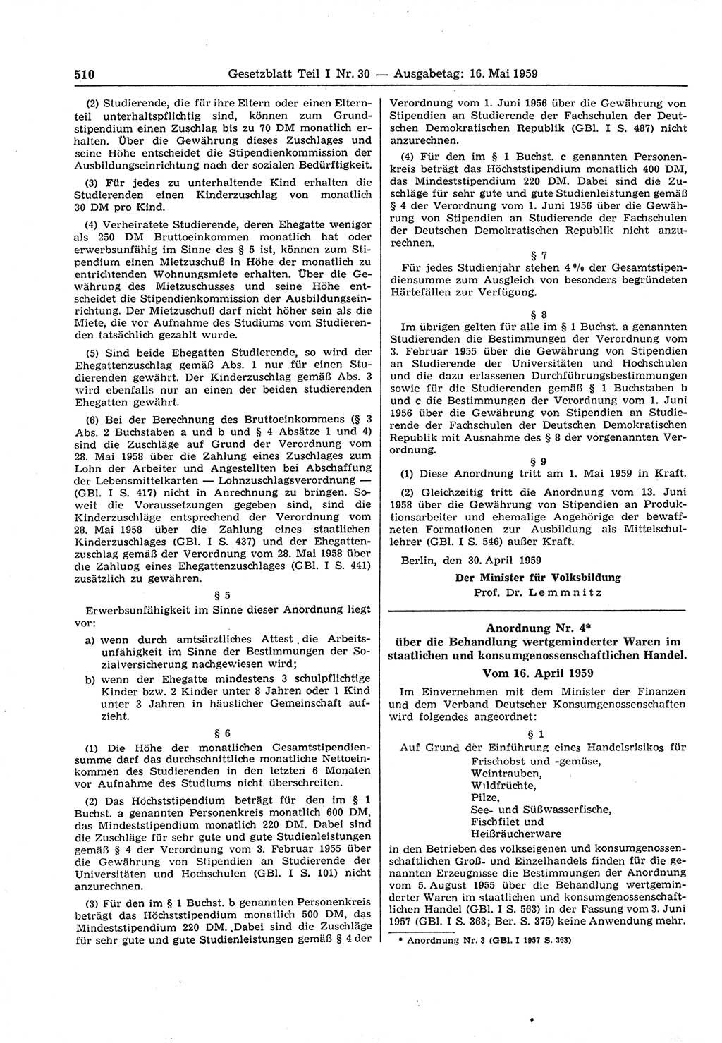 Gesetzblatt (GBl.) der Deutschen Demokratischen Republik (DDR) Teil Ⅰ 1959, Seite 510 (GBl. DDR Ⅰ 1959, S. 510)