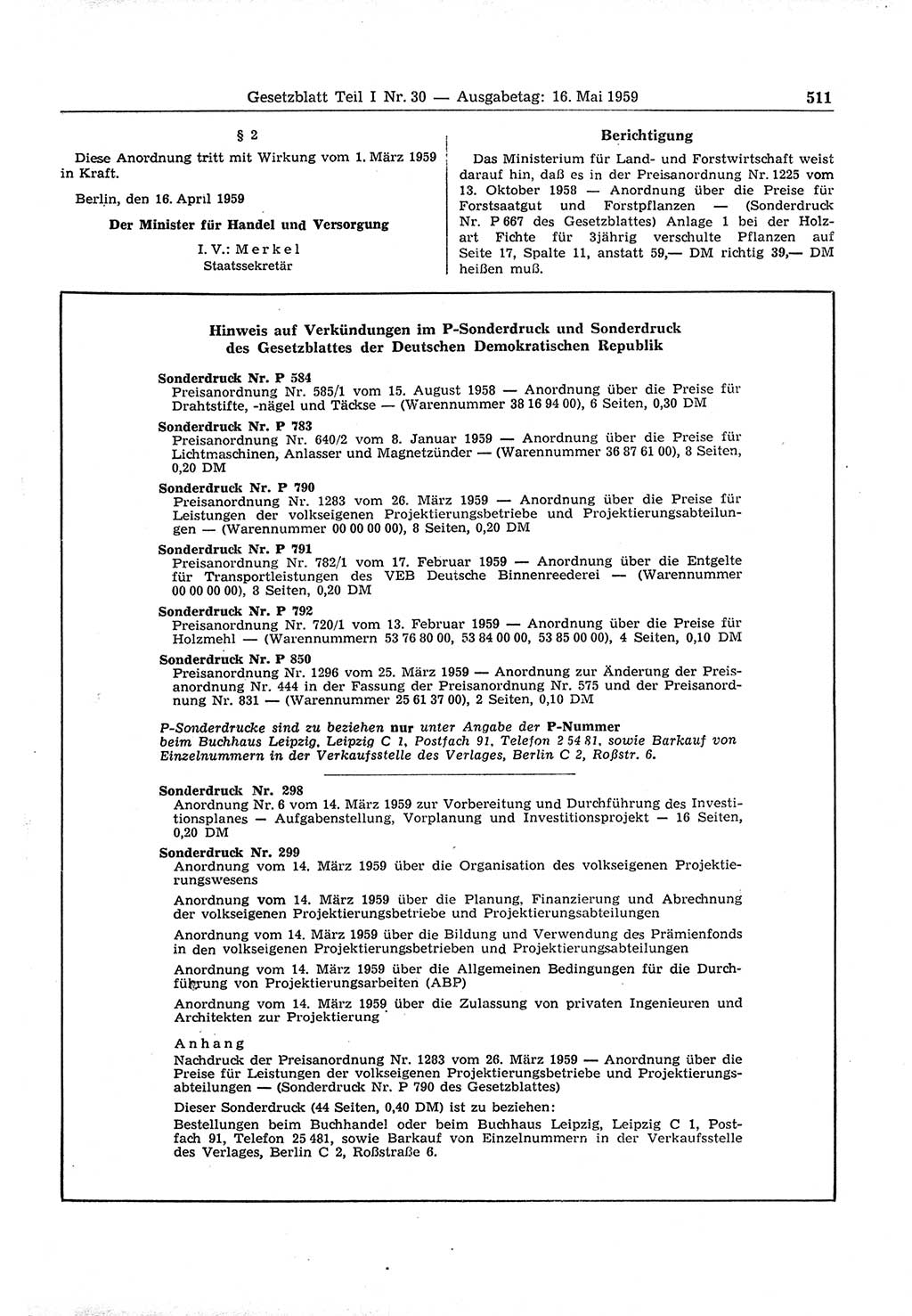 Gesetzblatt (GBl.) der Deutschen Demokratischen Republik (DDR) Teil Ⅰ 1959, Seite 511 (GBl. DDR Ⅰ 1959, S. 511)