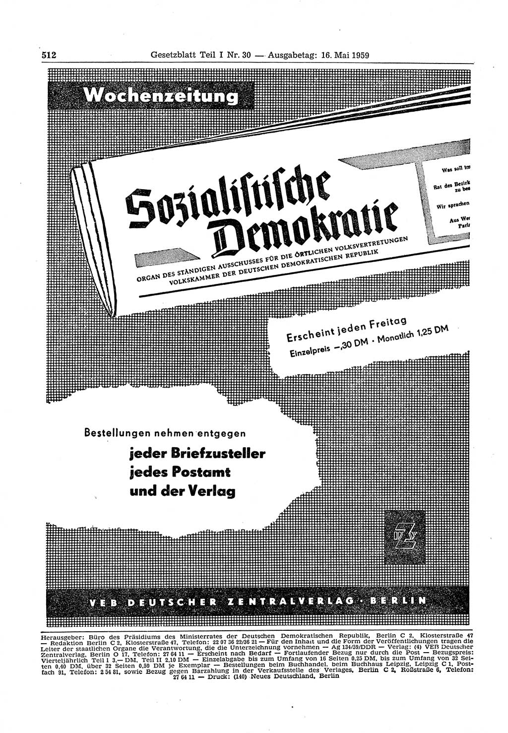 Gesetzblatt (GBl.) der Deutschen Demokratischen Republik (DDR) Teil Ⅰ 1959, Seite 512 (GBl. DDR Ⅰ 1959, S. 512)