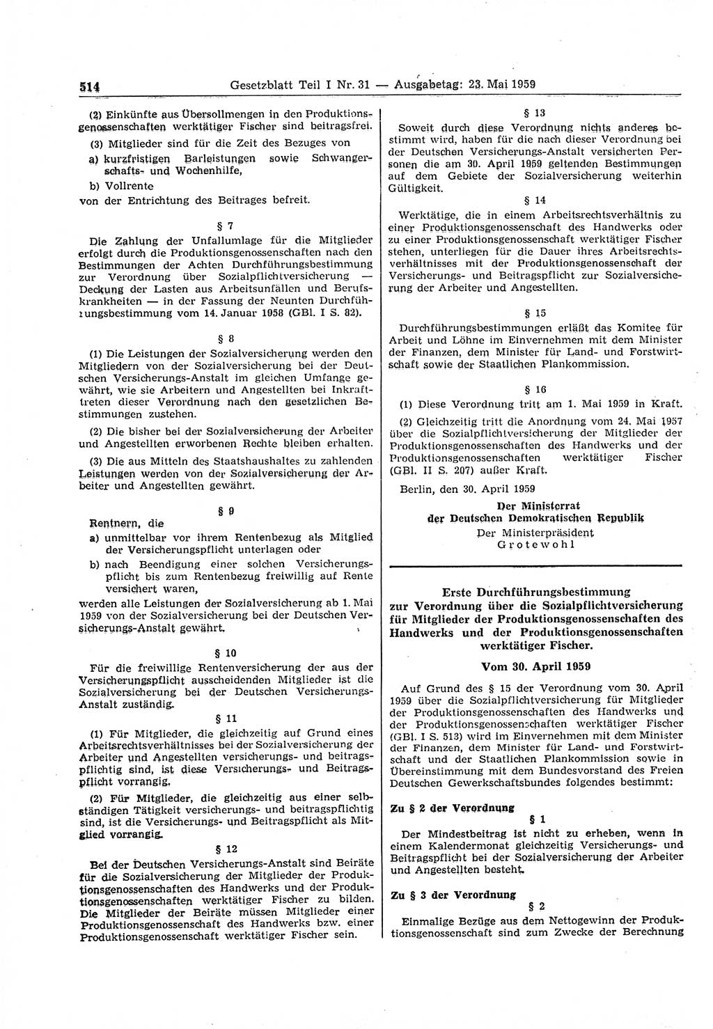 Gesetzblatt (GBl.) der Deutschen Demokratischen Republik (DDR) Teil Ⅰ 1959, Seite 514 (GBl. DDR Ⅰ 1959, S. 514)