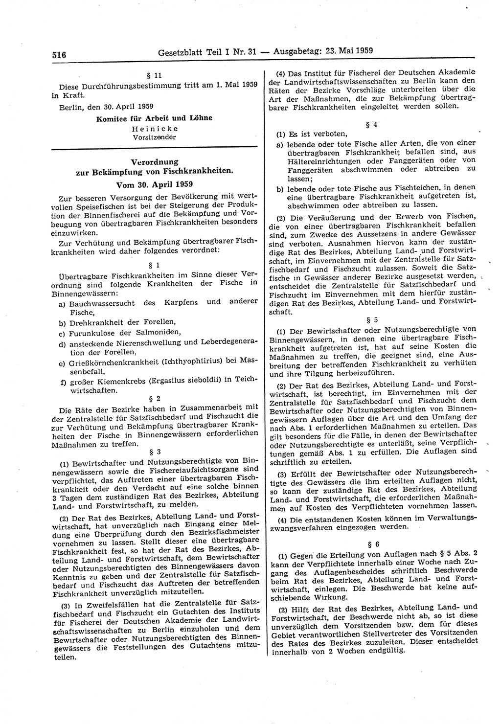 Gesetzblatt (GBl.) der Deutschen Demokratischen Republik (DDR) Teil Ⅰ 1959, Seite 516 (GBl. DDR Ⅰ 1959, S. 516)