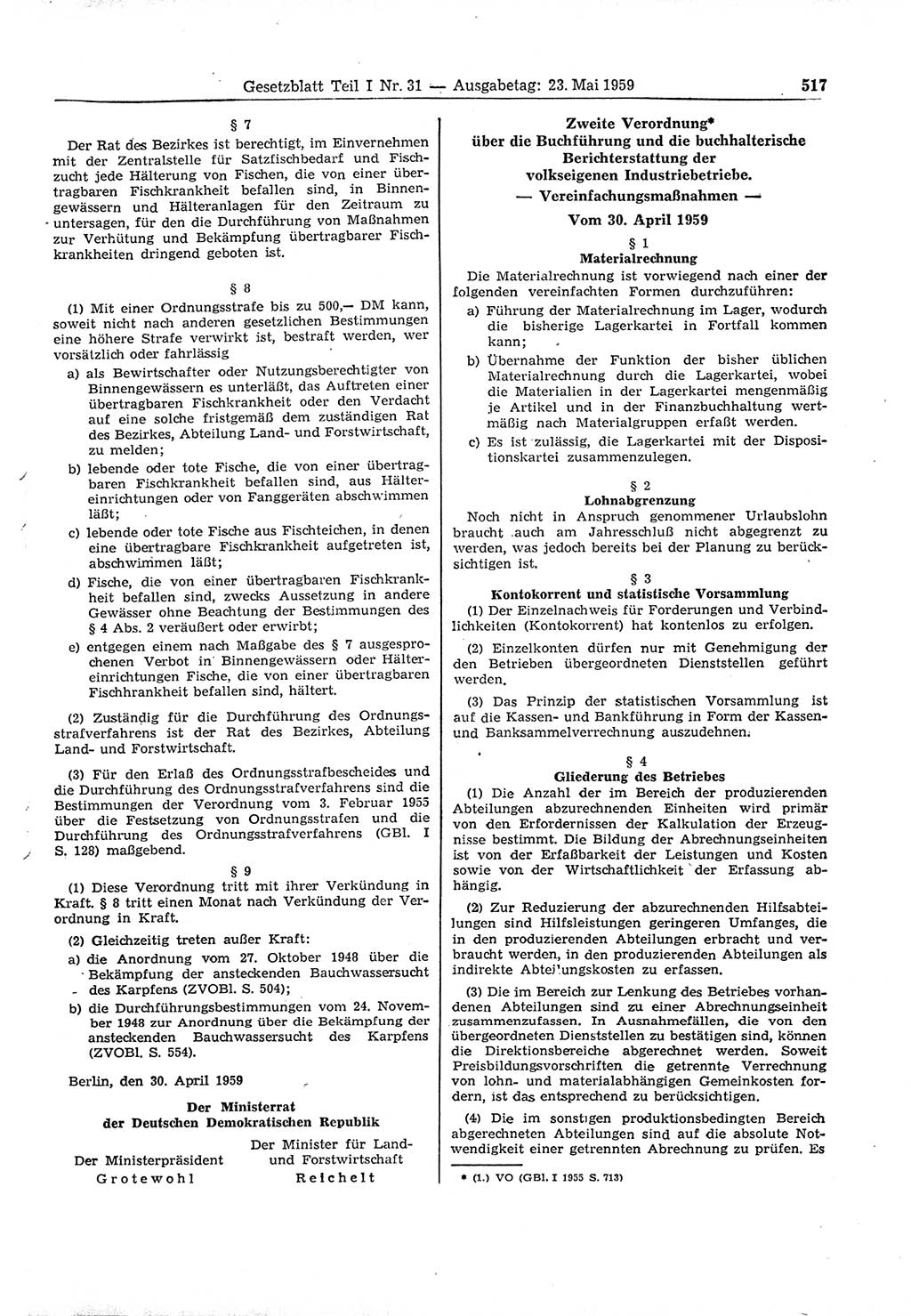 Gesetzblatt (GBl.) der Deutschen Demokratischen Republik (DDR) Teil Ⅰ 1959, Seite 517 (GBl. DDR Ⅰ 1959, S. 517)