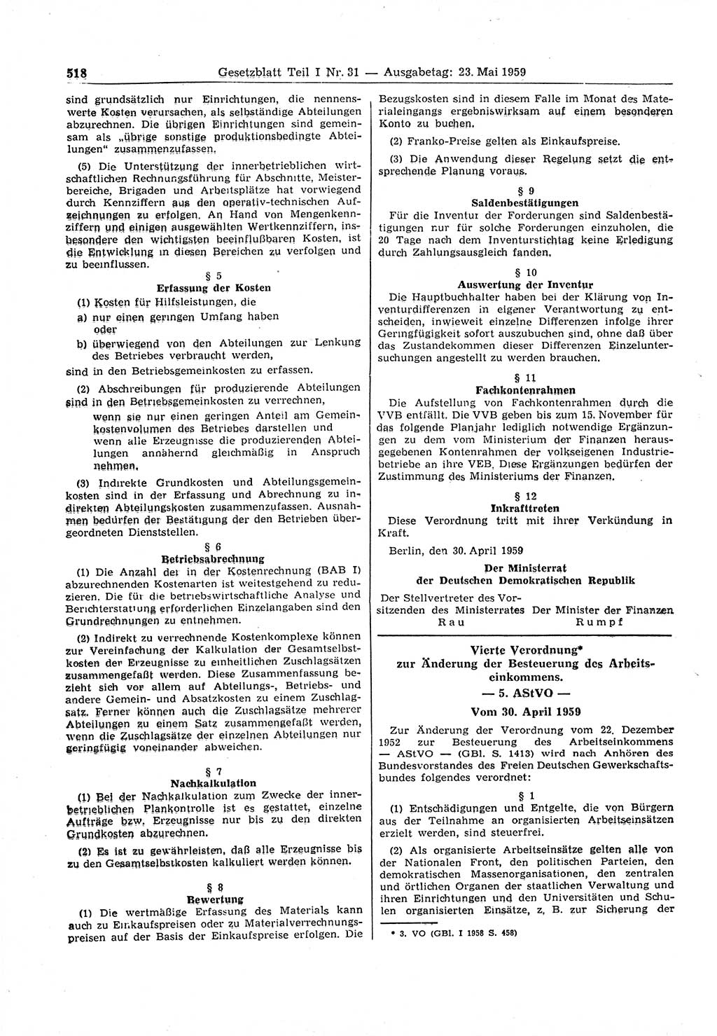 Gesetzblatt (GBl.) der Deutschen Demokratischen Republik (DDR) Teil Ⅰ 1959, Seite 518 (GBl. DDR Ⅰ 1959, S. 518)