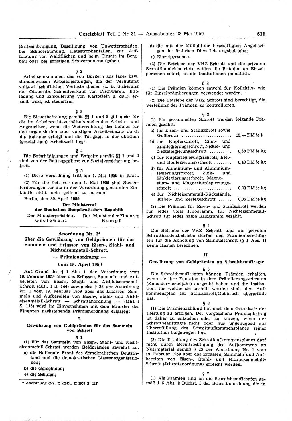 Gesetzblatt (GBl.) der Deutschen Demokratischen Republik (DDR) Teil Ⅰ 1959, Seite 519 (GBl. DDR Ⅰ 1959, S. 519)