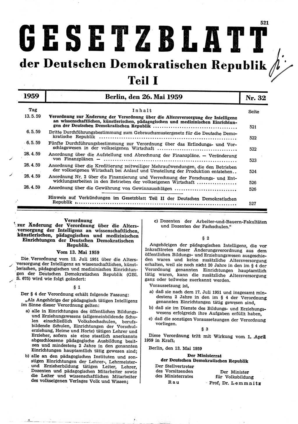 Gesetzblatt (GBl.) der Deutschen Demokratischen Republik (DDR) Teil Ⅰ 1959, Seite 521 (GBl. DDR Ⅰ 1959, S. 521)