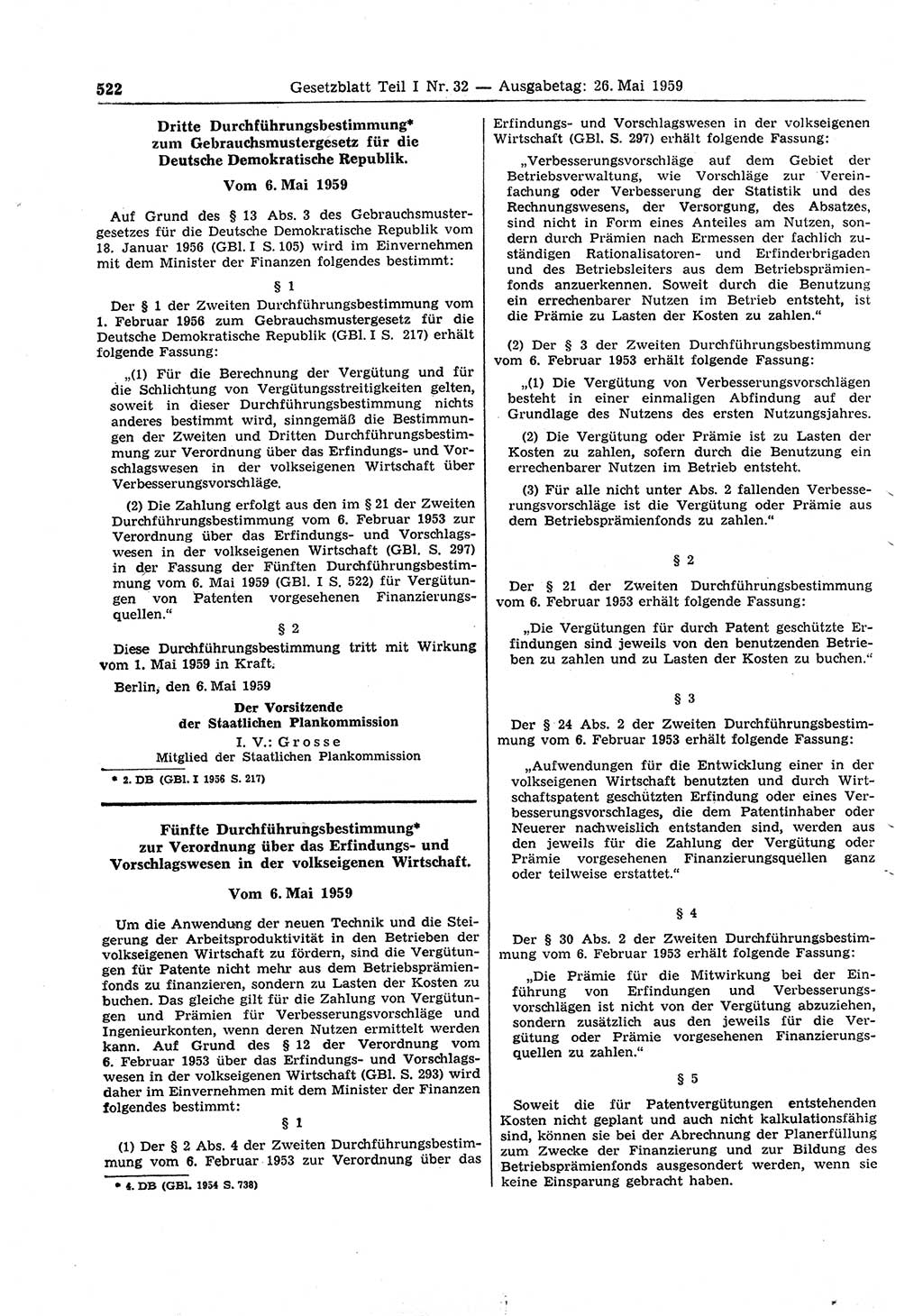 Gesetzblatt (GBl.) der Deutschen Demokratischen Republik (DDR) Teil Ⅰ 1959, Seite 522 (GBl. DDR Ⅰ 1959, S. 522)