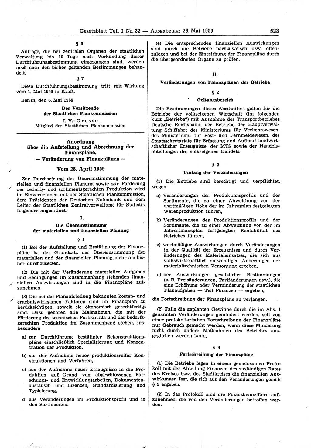 Gesetzblatt (GBl.) der Deutschen Demokratischen Republik (DDR) Teil Ⅰ 1959, Seite 523 (GBl. DDR Ⅰ 1959, S. 523)