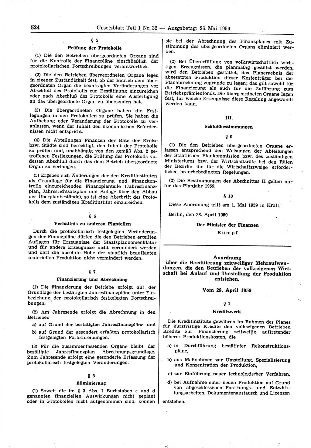 Gesetzblatt (GBl.) der Deutschen Demokratischen Republik (DDR) Teil Ⅰ 1959, Seite 524 (GBl. DDR Ⅰ 1959, S. 524)