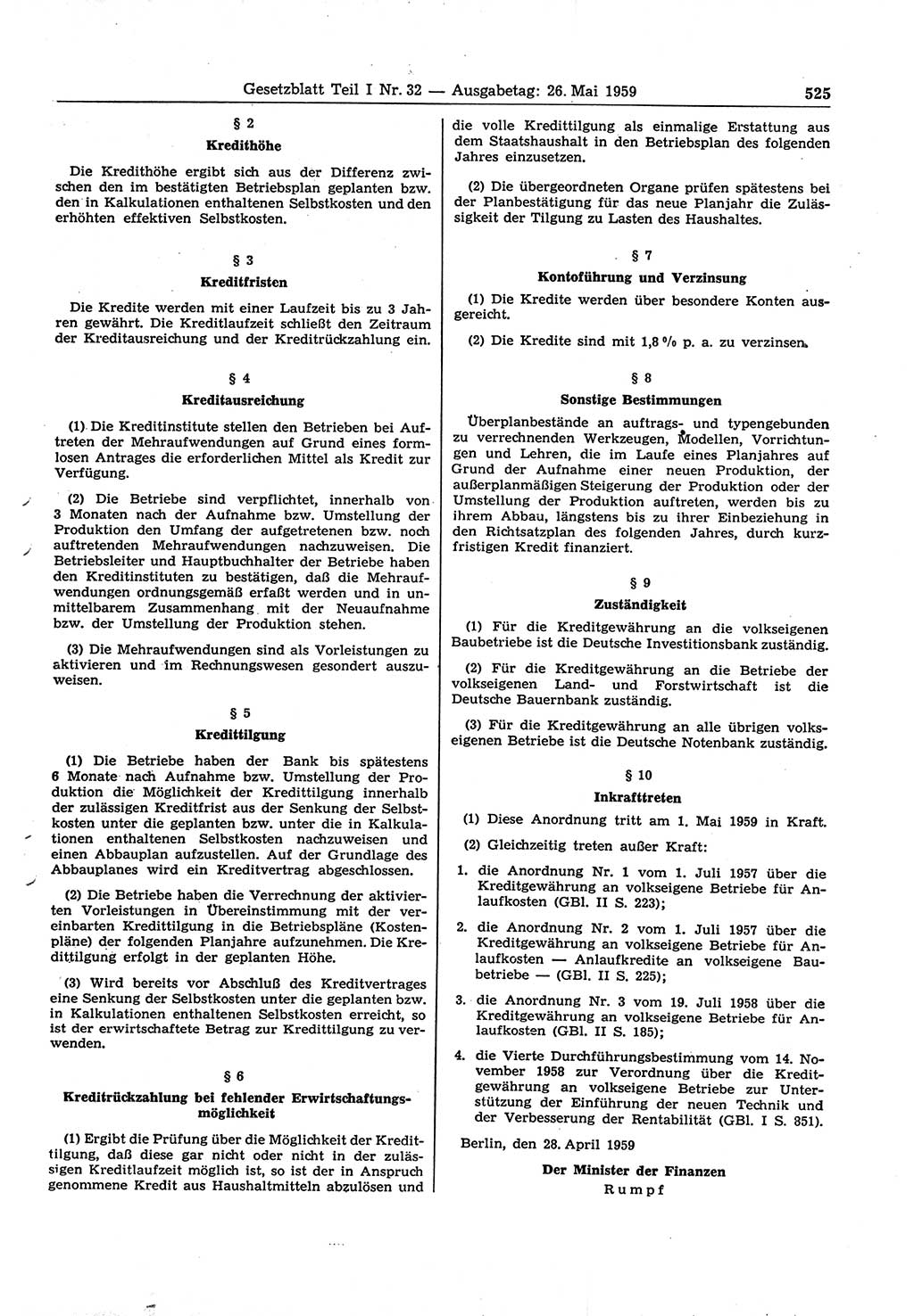 Gesetzblatt (GBl.) der Deutschen Demokratischen Republik (DDR) Teil Ⅰ 1959, Seite 525 (GBl. DDR Ⅰ 1959, S. 525)