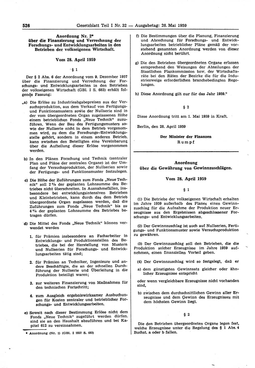 Gesetzblatt (GBl.) der Deutschen Demokratischen Republik (DDR) Teil Ⅰ 1959, Seite 526 (GBl. DDR Ⅰ 1959, S. 526)