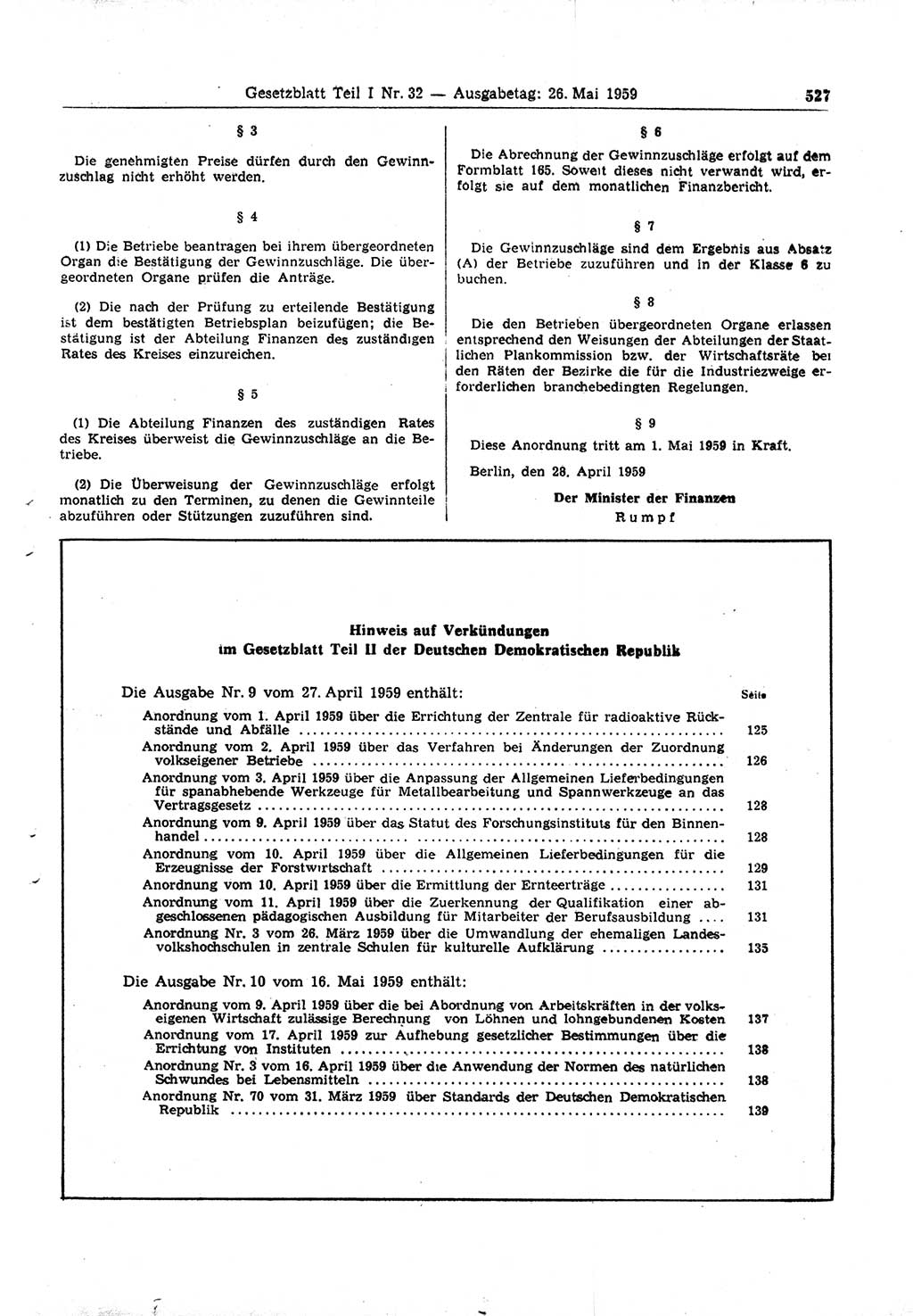 Gesetzblatt (GBl.) der Deutschen Demokratischen Republik (DDR) Teil Ⅰ 1959, Seite 527 (GBl. DDR Ⅰ 1959, S. 527)