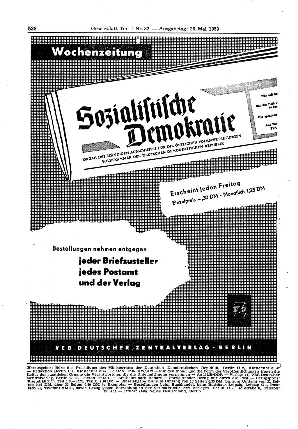 Gesetzblatt (GBl.) der Deutschen Demokratischen Republik (DDR) Teil Ⅰ 1959, Seite 528 (GBl. DDR Ⅰ 1959, S. 528)