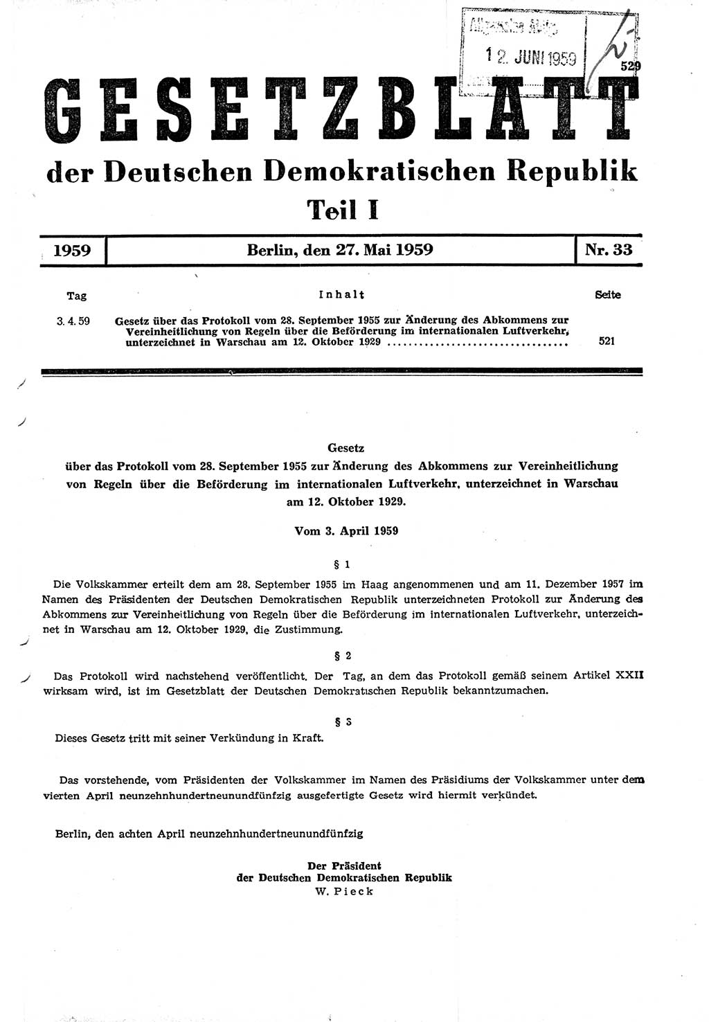 Gesetzblatt (GBl.) der Deutschen Demokratischen Republik (DDR) Teil Ⅰ 1959, Seite 529 (GBl. DDR Ⅰ 1959, S. 529)