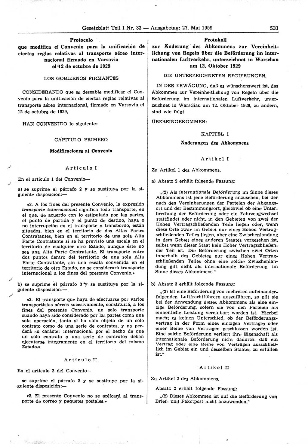Gesetzblatt (GBl.) der Deutschen Demokratischen Republik (DDR) Teil Ⅰ 1959, Seite 531 (GBl. DDR Ⅰ 1959, S. 531)