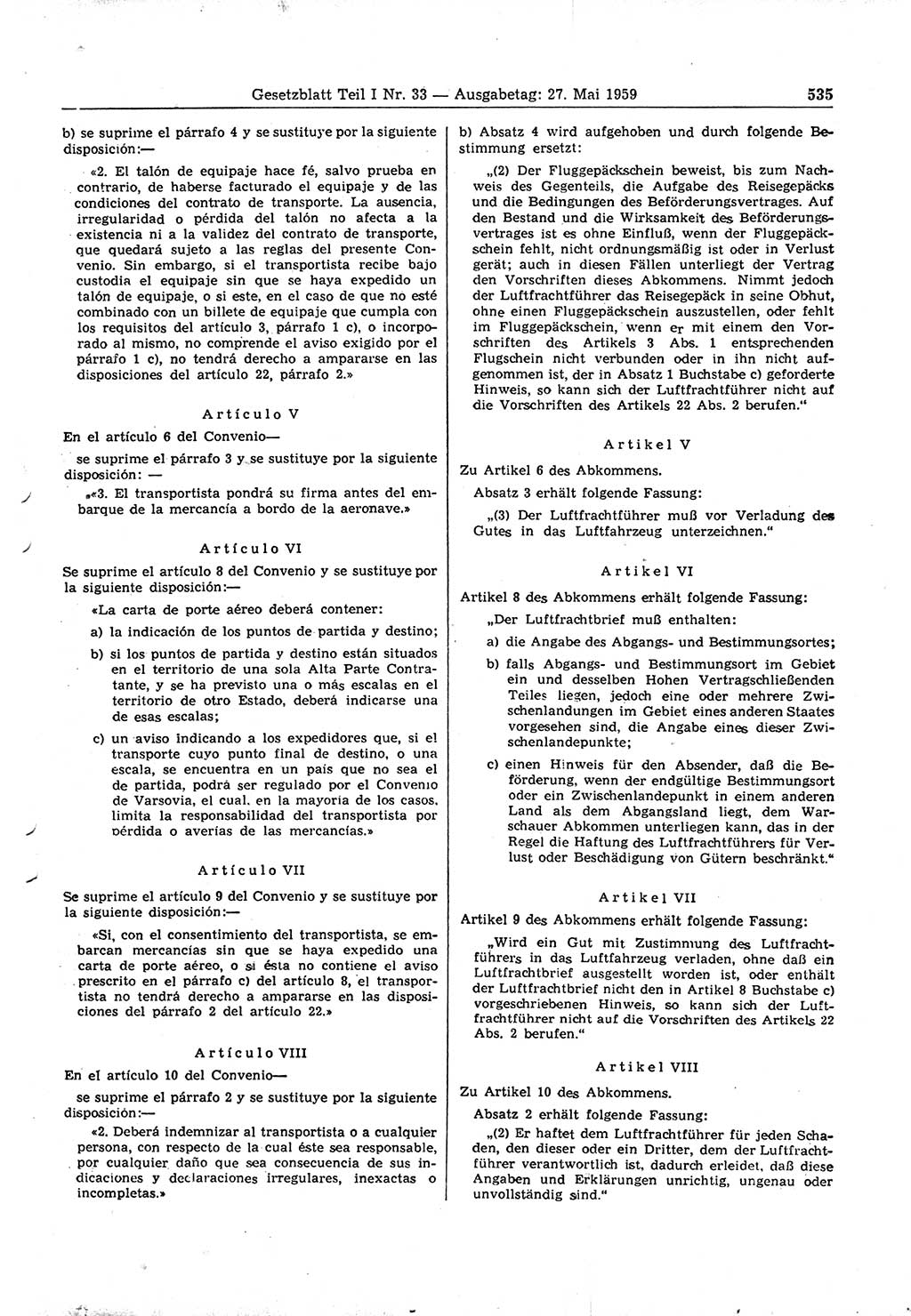 Gesetzblatt (GBl.) der Deutschen Demokratischen Republik (DDR) Teil Ⅰ 1959, Seite 535 (GBl. DDR Ⅰ 1959, S. 535)
