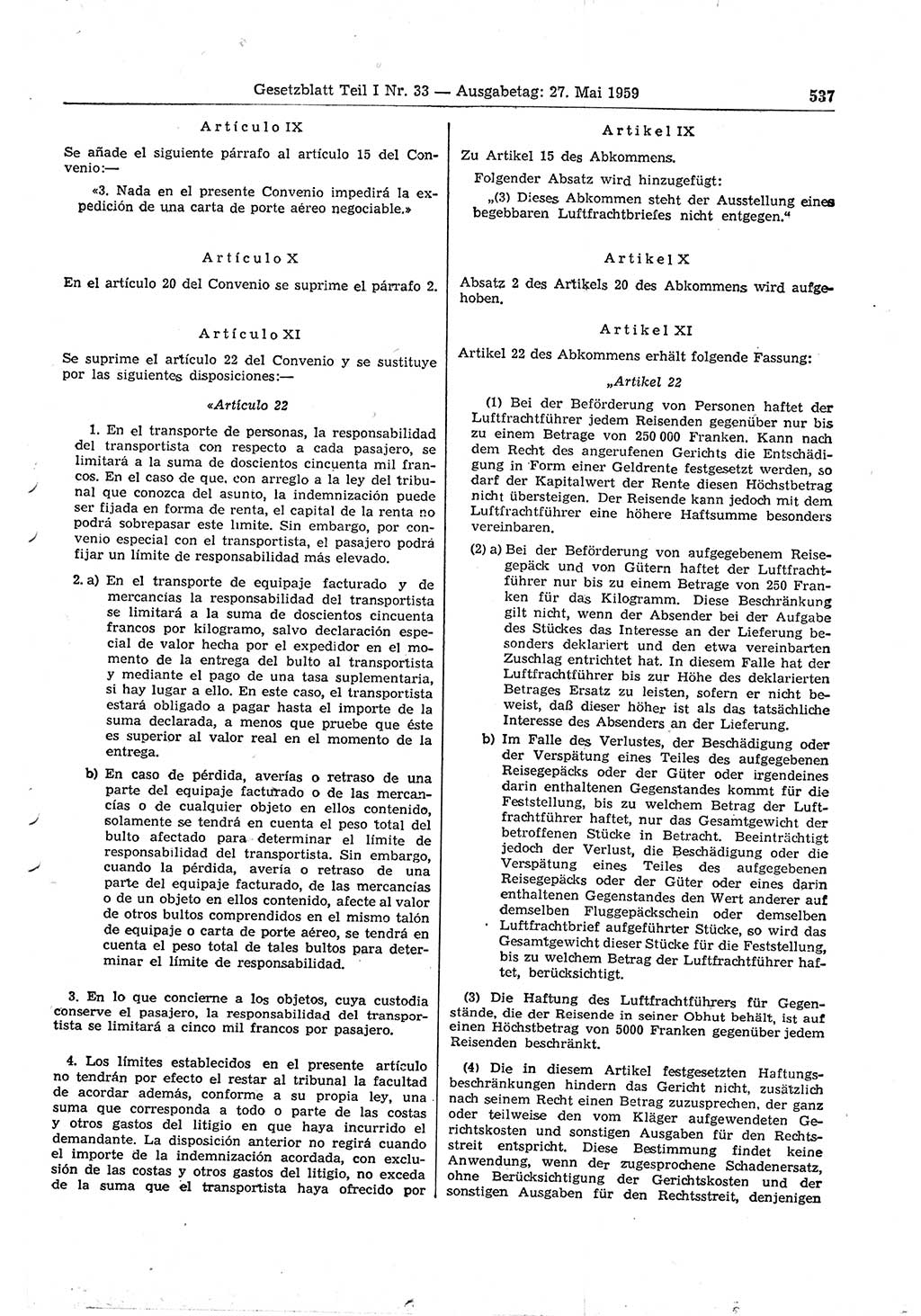 Gesetzblatt (GBl.) der Deutschen Demokratischen Republik (DDR) Teil Ⅰ 1959, Seite 537 (GBl. DDR Ⅰ 1959, S. 537)