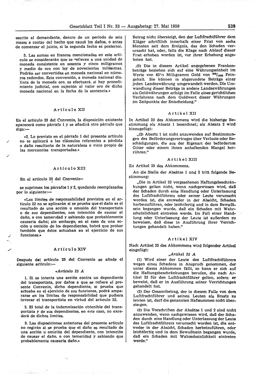 Gesetzblatt (GBl.) der Deutschen Demokratischen Republik (DDR) Teil Ⅰ 1959, Seite 539 (GBl. DDR Ⅰ 1959, S. 539)