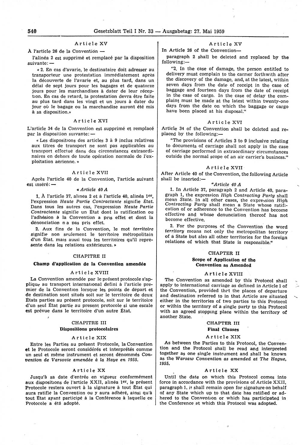 Gesetzblatt (GBl.) der Deutschen Demokratischen Republik (DDR) Teil Ⅰ 1959, Seite 540 (GBl. DDR Ⅰ 1959, S. 540)