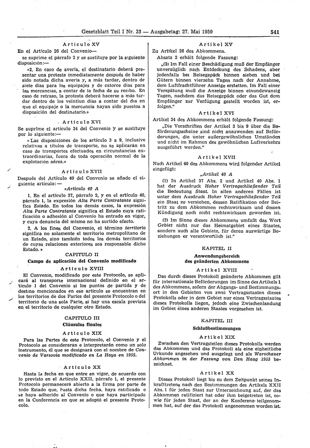 Gesetzblatt (GBl.) der Deutschen Demokratischen Republik (DDR) Teil Ⅰ 1959, Seite 541 (GBl. DDR Ⅰ 1959, S. 541)