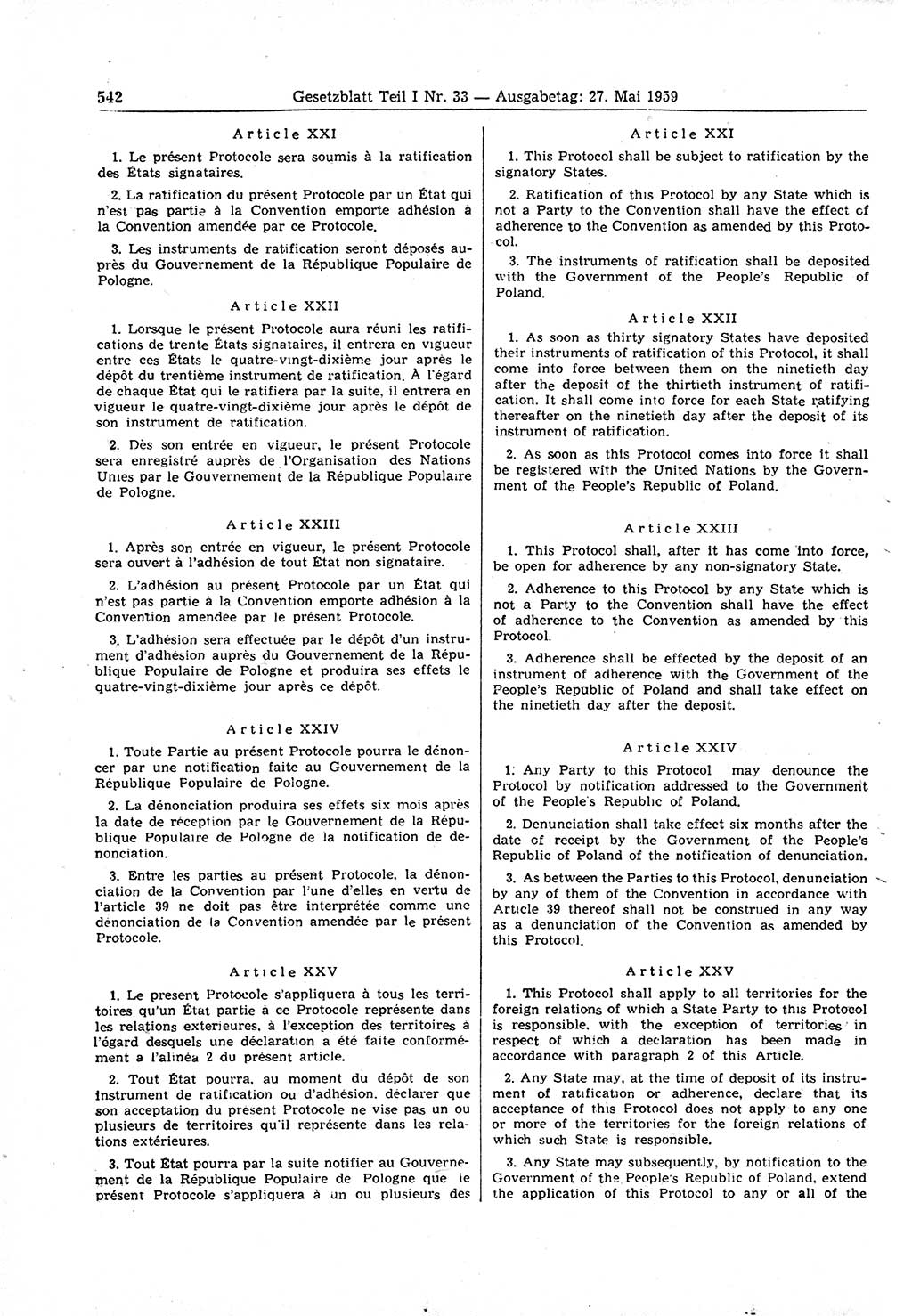 Gesetzblatt (GBl.) der Deutschen Demokratischen Republik (DDR) Teil Ⅰ 1959, Seite 542 (GBl. DDR Ⅰ 1959, S. 542)