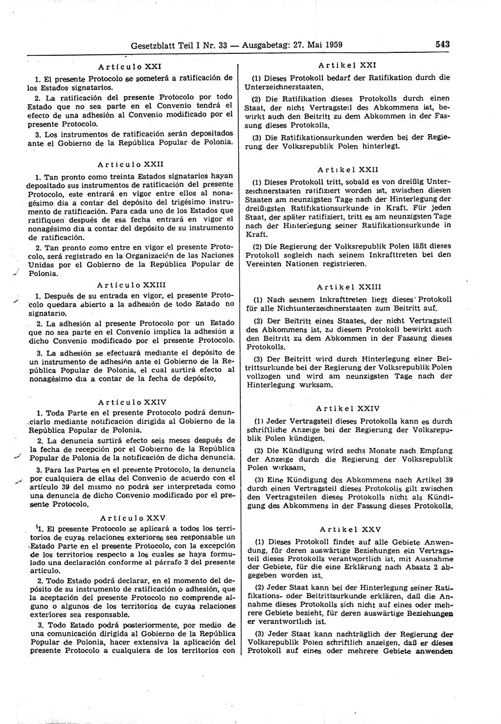 Gesetzblatt (GBl.) der Deutschen Demokratischen Republik (DDR) Teil Ⅰ 1959, Seite 543 (GBl. DDR Ⅰ 1959, S. 543)