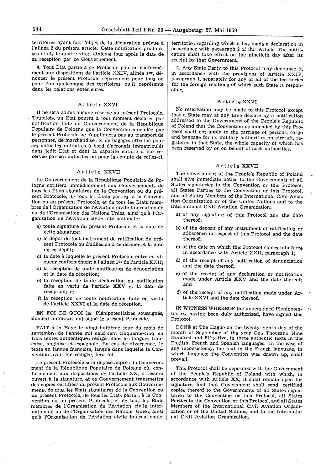 Gesetzblatt (GBl.) der Deutschen Demokratischen Republik (DDR) Teil Ⅰ 1959, Seite 544 (GBl. DDR Ⅰ 1959, S. 544)