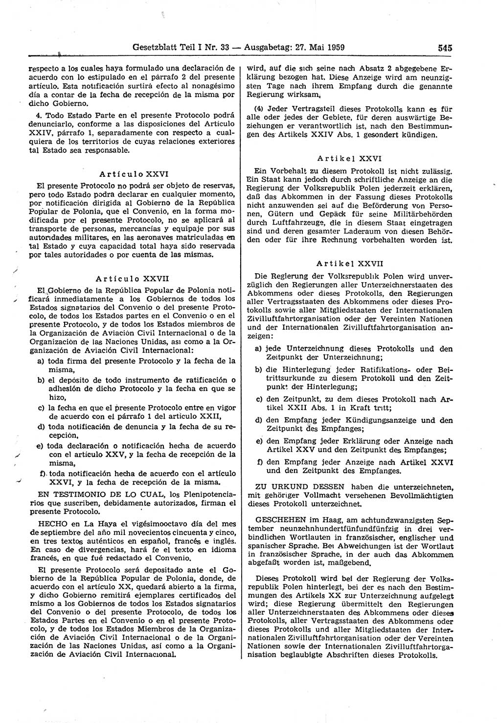 Gesetzblatt (GBl.) der Deutschen Demokratischen Republik (DDR) Teil Ⅰ 1959, Seite 545 (GBl. DDR Ⅰ 1959, S. 545)